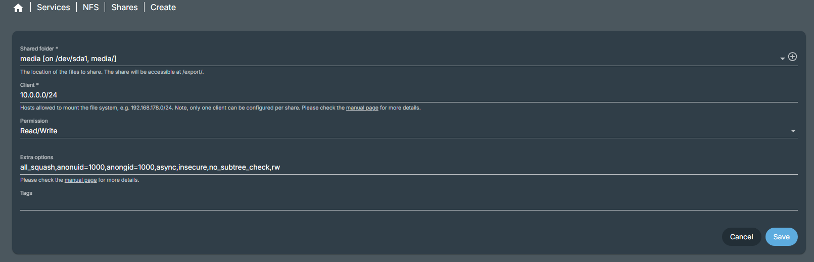 OpenMediaVault NFS Share Configuration